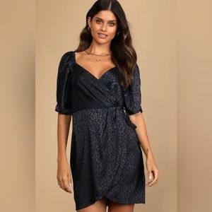NWT - LULUS - Spectacular Sights Navy Blue Leopard Print Satin Wrap Mini Dress